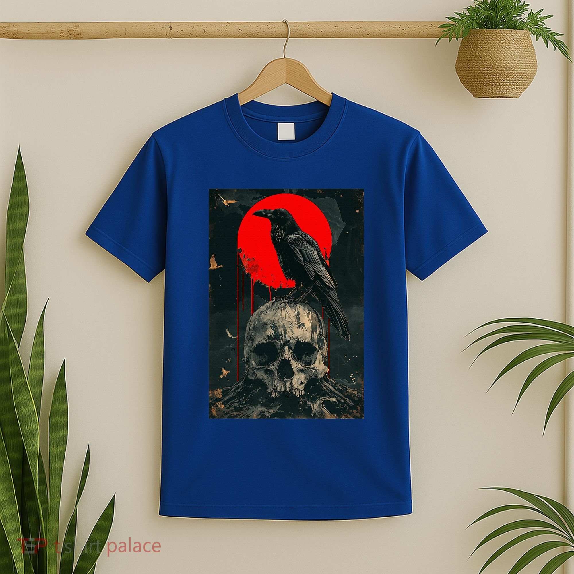 Red Moon Black Gothic Raven Skull Graphic Black Crow T-Shirt