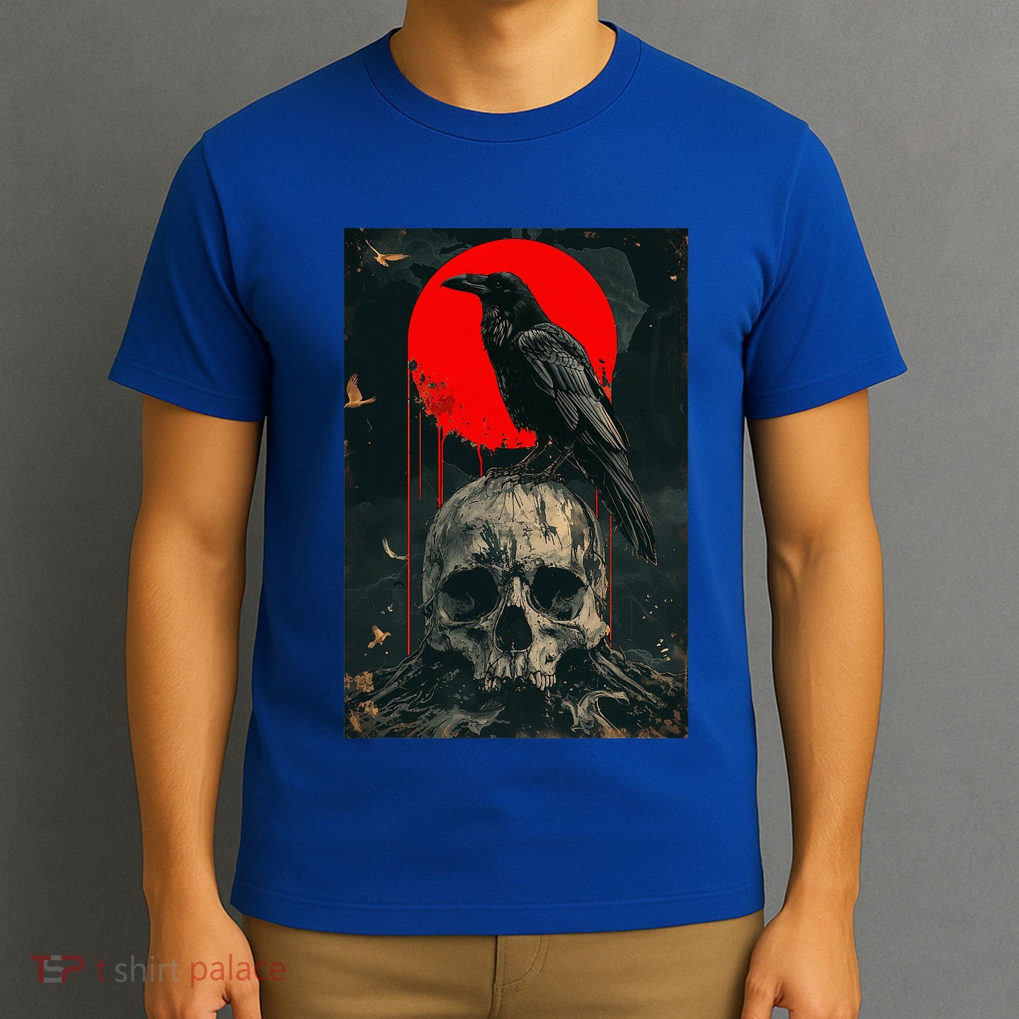 Red Moon Black Gothic Raven Skull Graphic Black Crow T-Shirt