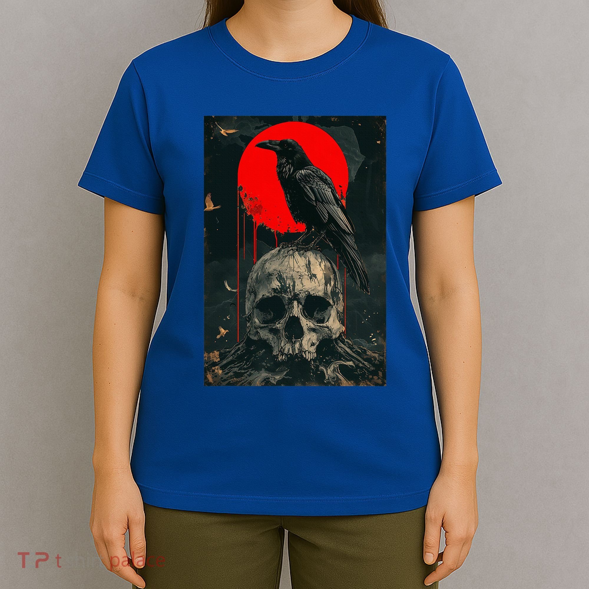 Red Moon Black Gothic Raven Skull Graphic Black Crow T-Shirt