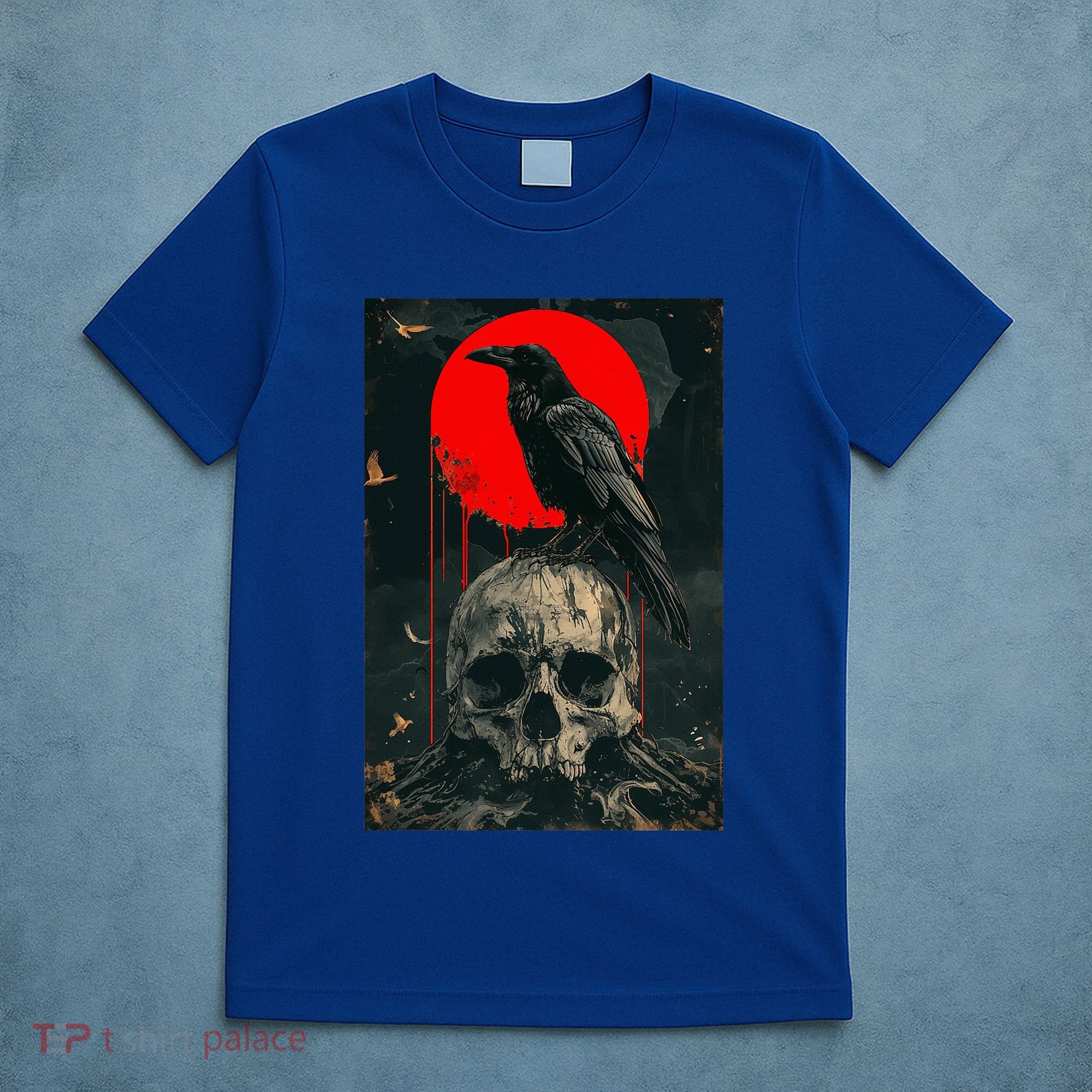 Red Moon Black Gothic Raven Skull Graphic Black Crow T-Shirt