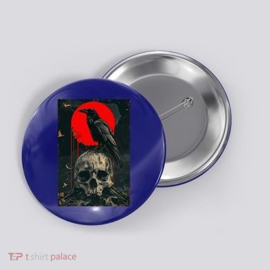 Red Moon Black Gothic Raven Skull Graphic Black Crow Button