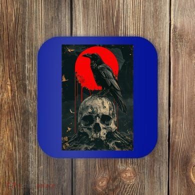 Red Moon Black Gothic Raven Skull Graphic Black Crow Coaster