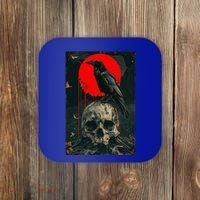 Red Moon Black Gothic Raven Skull Graphic Black Crow Coaster thumb 0