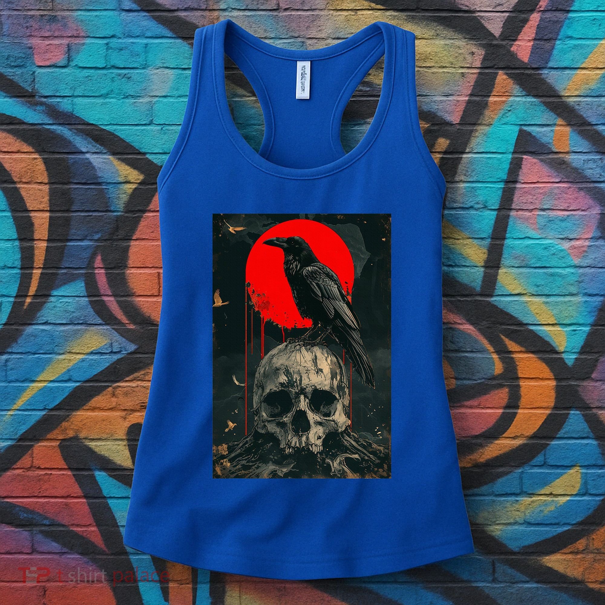 Red Moon Black Gothic Raven Skull Graphic Black Crow Women's Tank Top