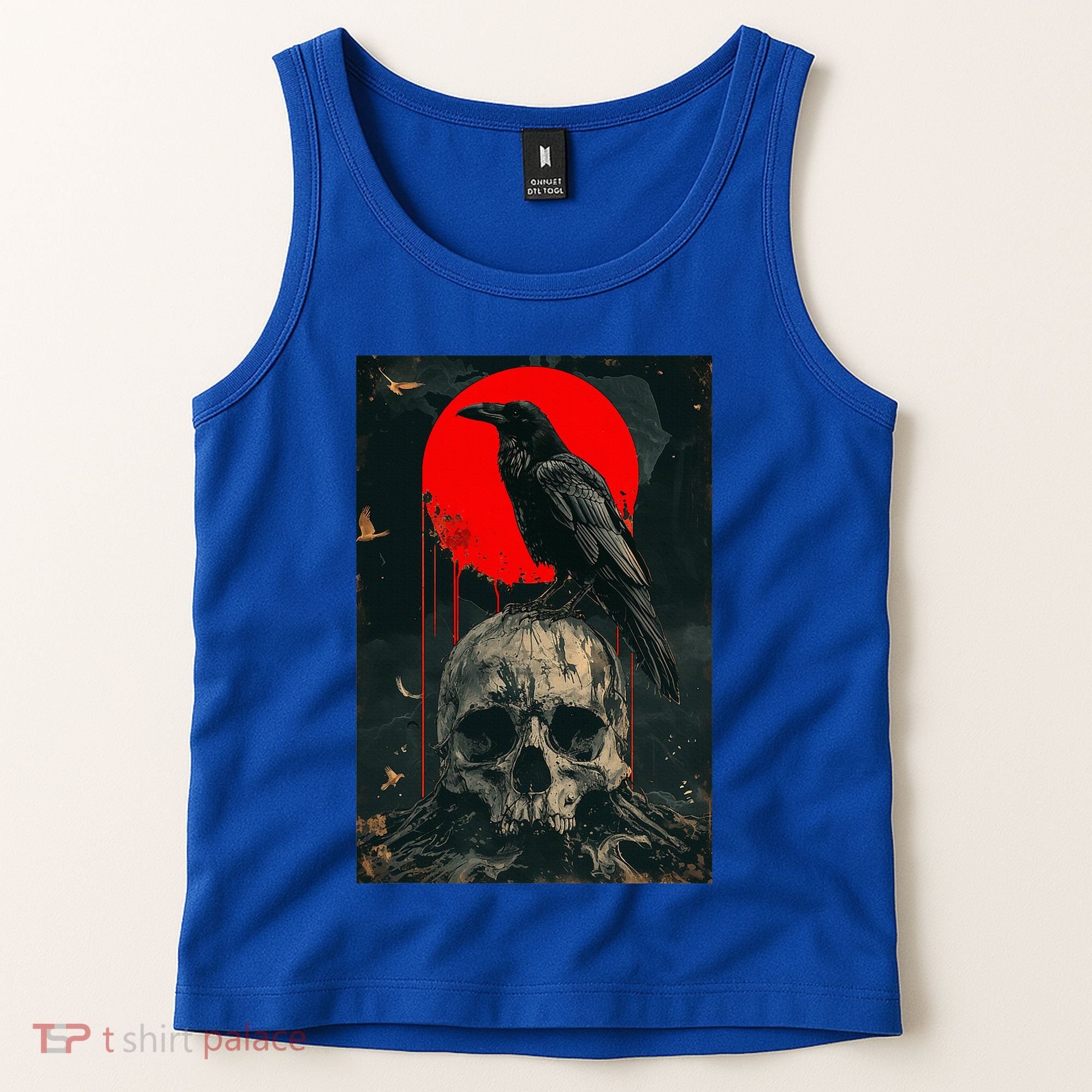 Red Moon Black Gothic Raven Skull Graphic Black Crow Tank Top