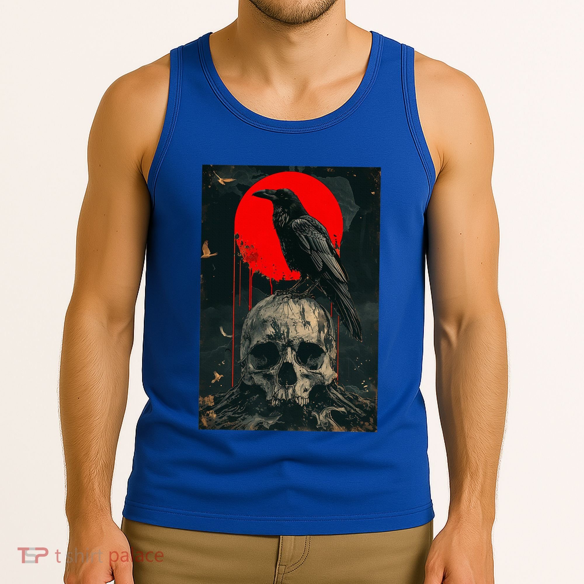 Red Moon Black Gothic Raven Skull Graphic Black Crow Tank Top