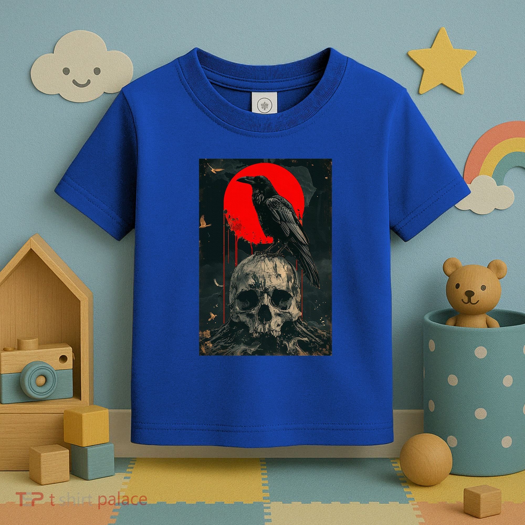 Red Moon Black Gothic Raven Skull Graphic Black Crow Toddler T-Shirt