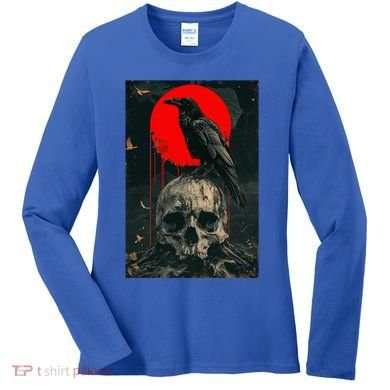 Red Moon Black Gothic Raven Skull Graphic Black Crow Women's Long Sleeve Shirt