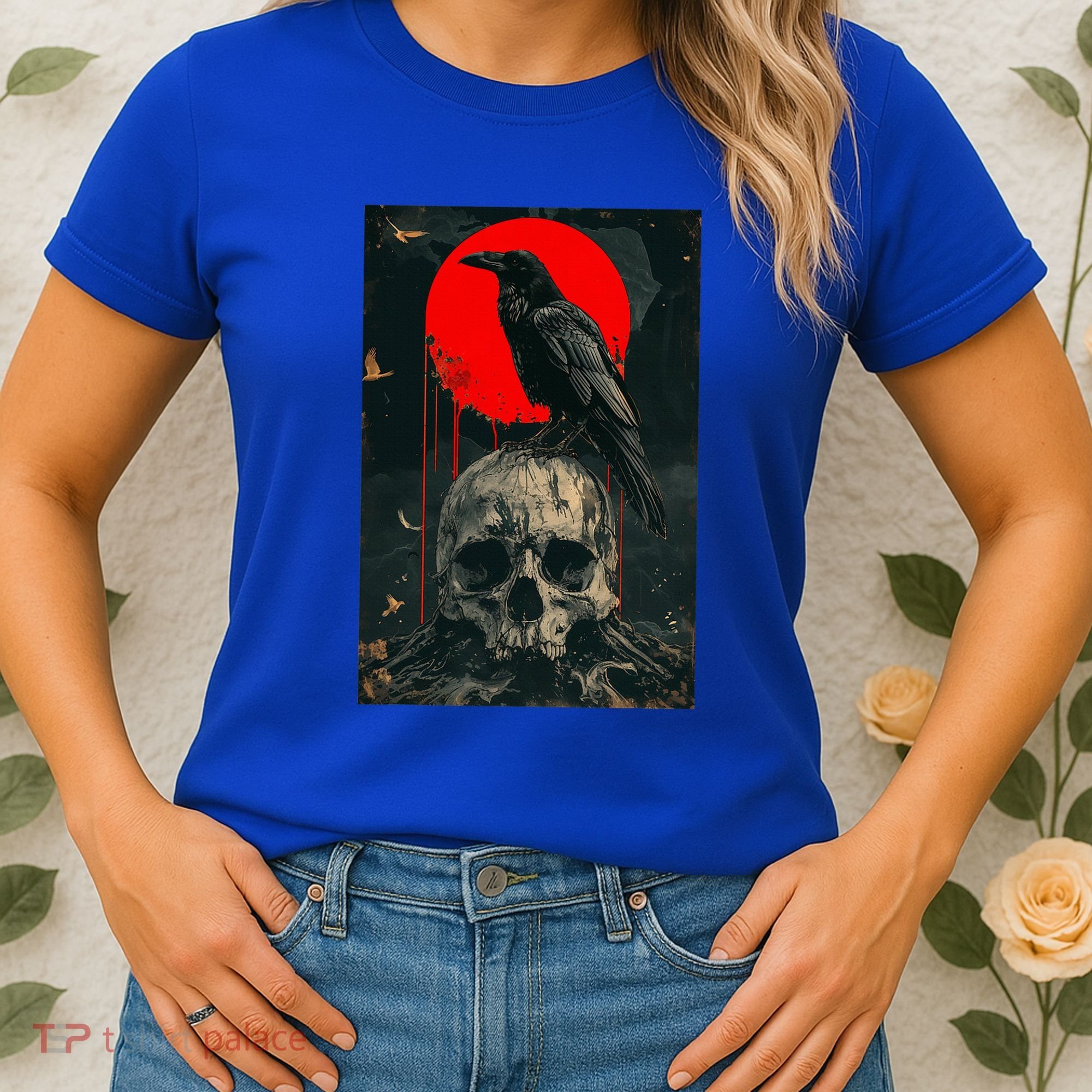Red Moon Black Gothic Raven Skull Graphic Black Crow Women's T-Shirt