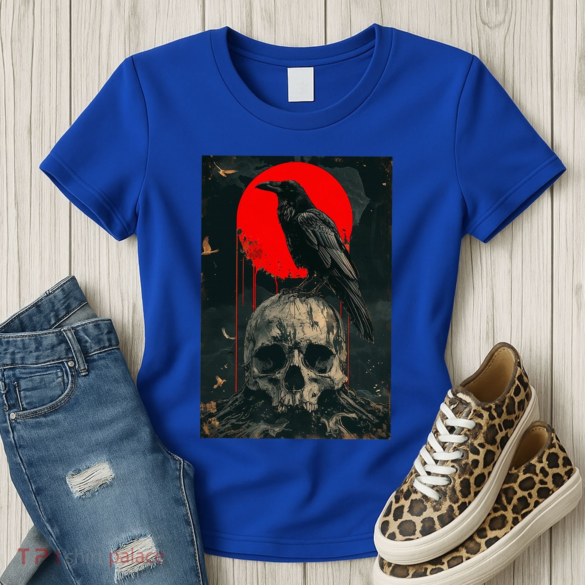 Red Moon Black Gothic Raven Skull Graphic Black Crow Women's T-Shirt