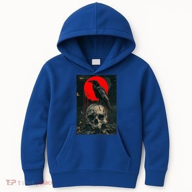 Red Moon Black Gothic Raven Skull Graphic Black Crow Kids Hoodie