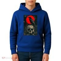 Red Moon Black Gothic Raven Skull Graphic Black Crow Kids Hoodie thumb 4