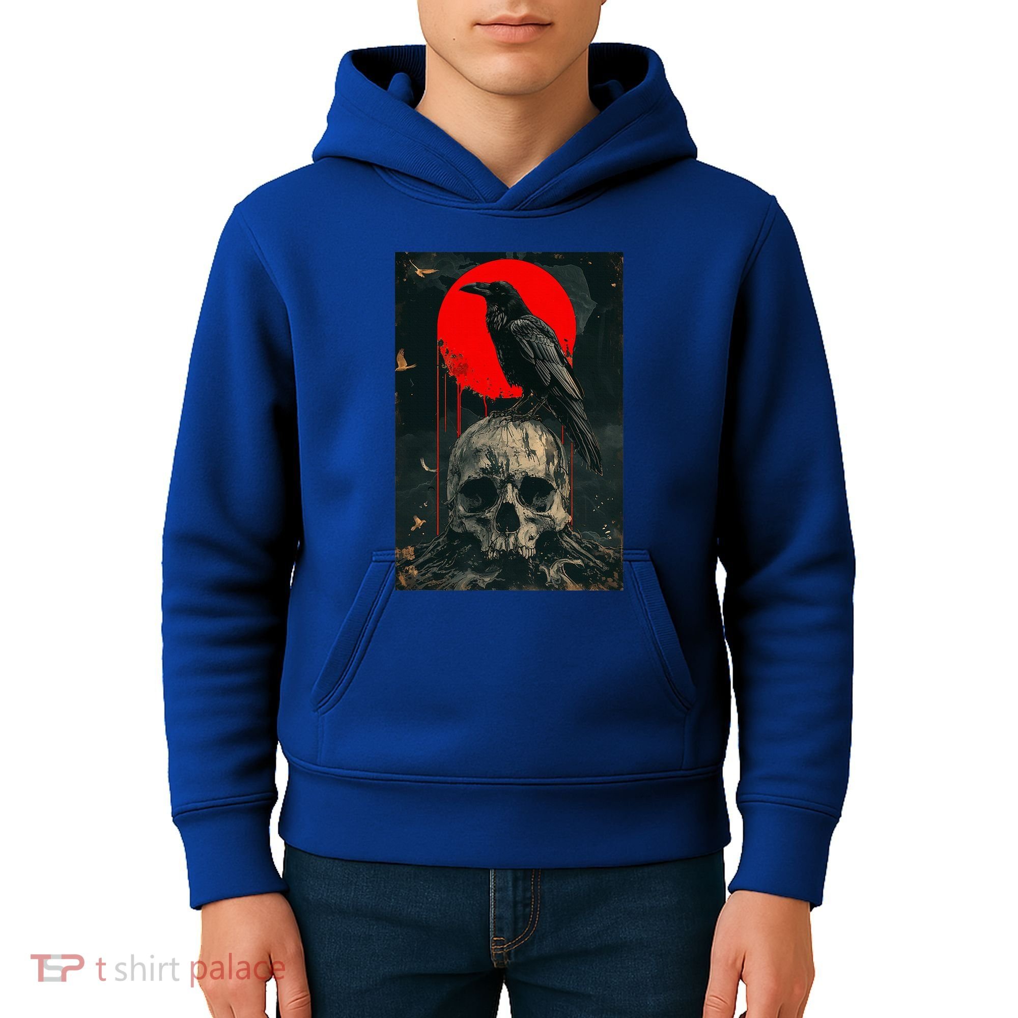 Red Moon Black Gothic Raven Skull Graphic Black Crow Kids Hoodie