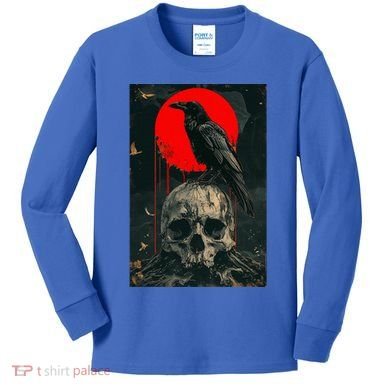 Red Moon Black Gothic Raven Skull Graphic Black Crow Kids Long Sleeve Shirt