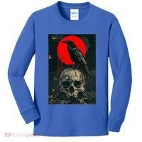 Red Moon Black Gothic Raven Skull Graphic Black Crow Kids Long Sleeve Shirt thumb 0