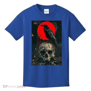 Red Moon Black Gothic Raven Skull Graphic Black Crow Kids T-Shirt