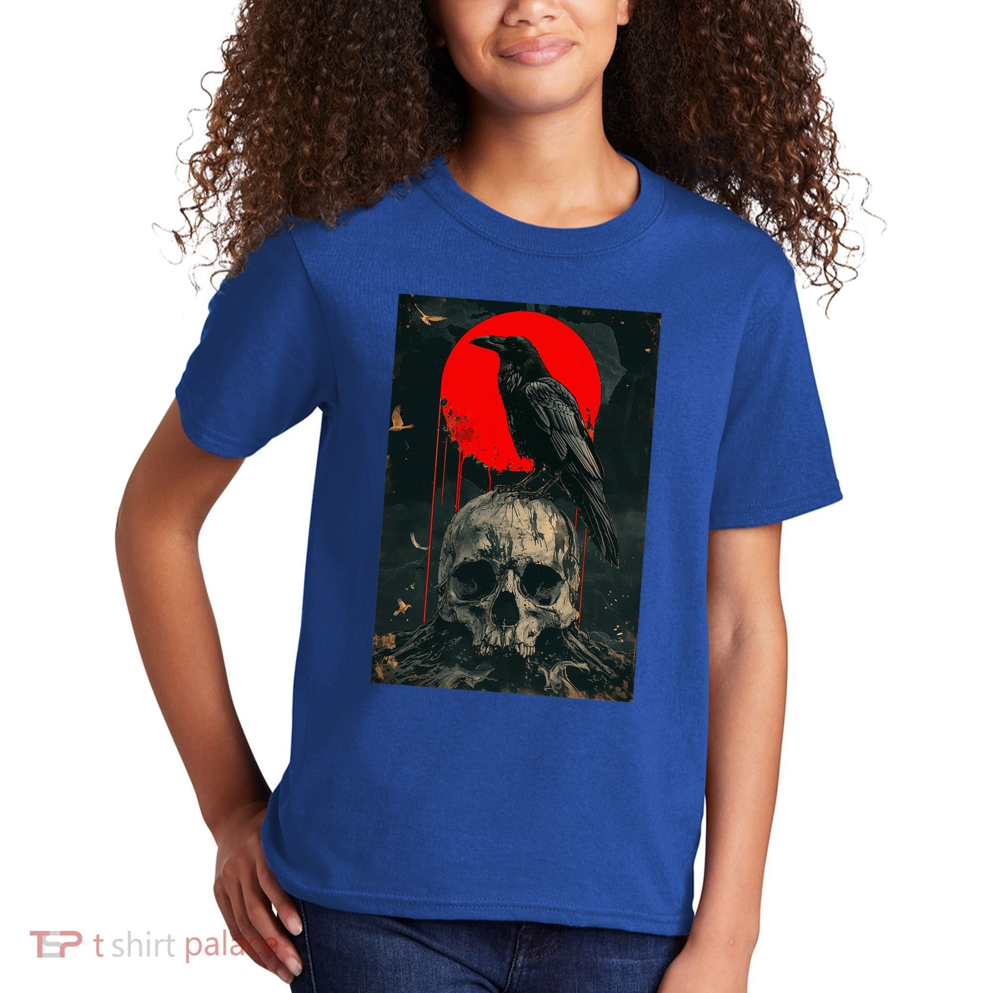 Red Moon Black Gothic Raven Skull Graphic Black Crow Kids T-Shirt