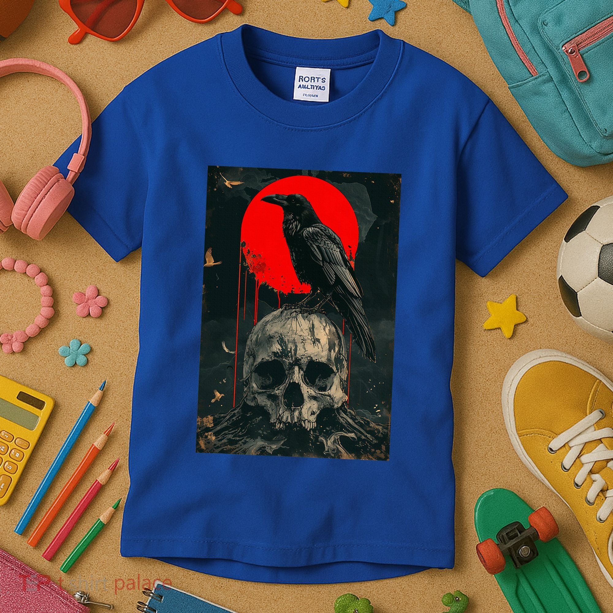 Red Moon Black Gothic Raven Skull Graphic Black Crow Kids T-Shirt