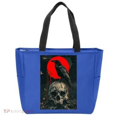 Red Moon Black Gothic Raven Skull Graphic Black Crow Tote Bag