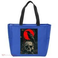 Red Moon Black Gothic Raven Skull Graphic Black Crow Tote Bag thumb 0