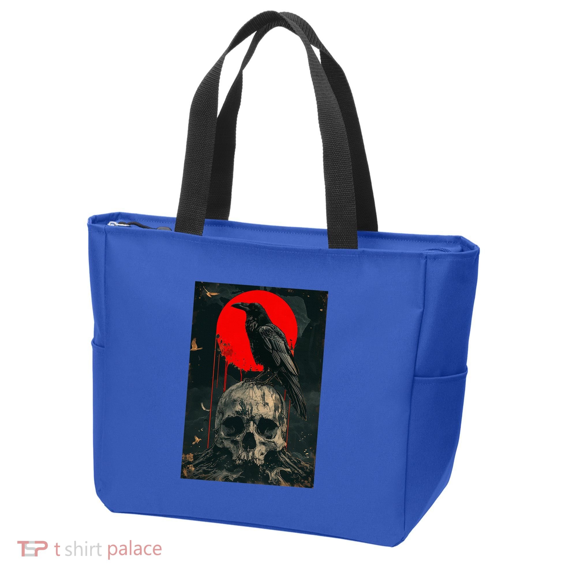 Red Moon Black Gothic Raven Skull Graphic Black Crow Tote Bag