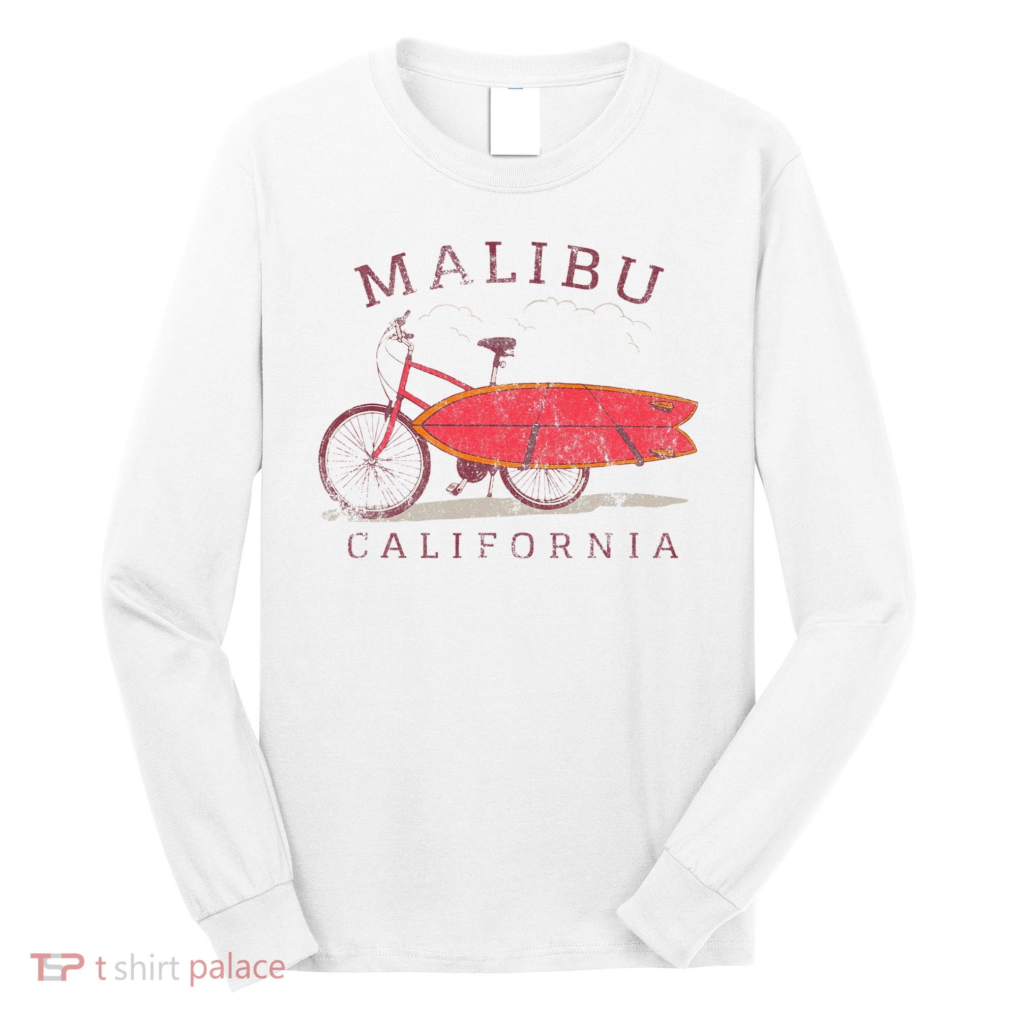 Retro Malibu California Surfing Fan Surfboard Bicycle Art Long Sleeve Shirt