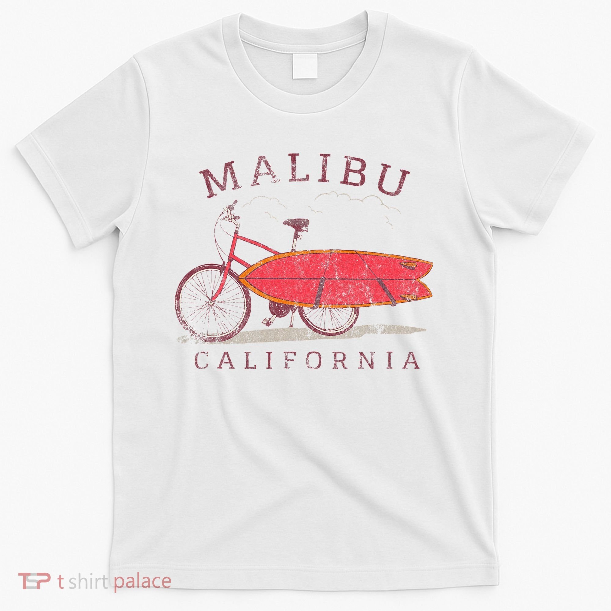 Retro Malibu California Surfing Fan Surfboard Bicycle Art T-Shirt