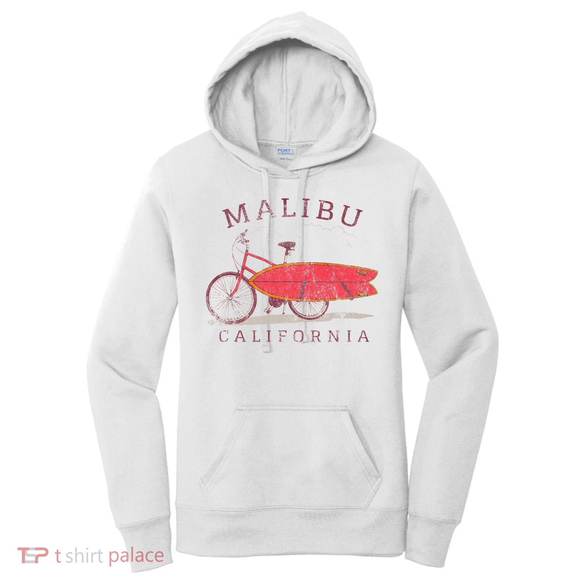 Retro Malibu California Surfing Fan Surfboard Bicycle Art Women's Hoodie