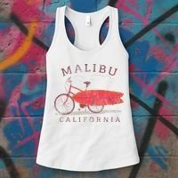 Retro Malibu California Surfing Fan Surfboard Bicycle Art Women's Tank Top thumb 3