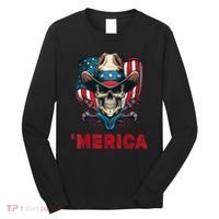 Retro Merica Cowboy Skull American Flag 4th Of July Long Sleeve Shirt thumb 0