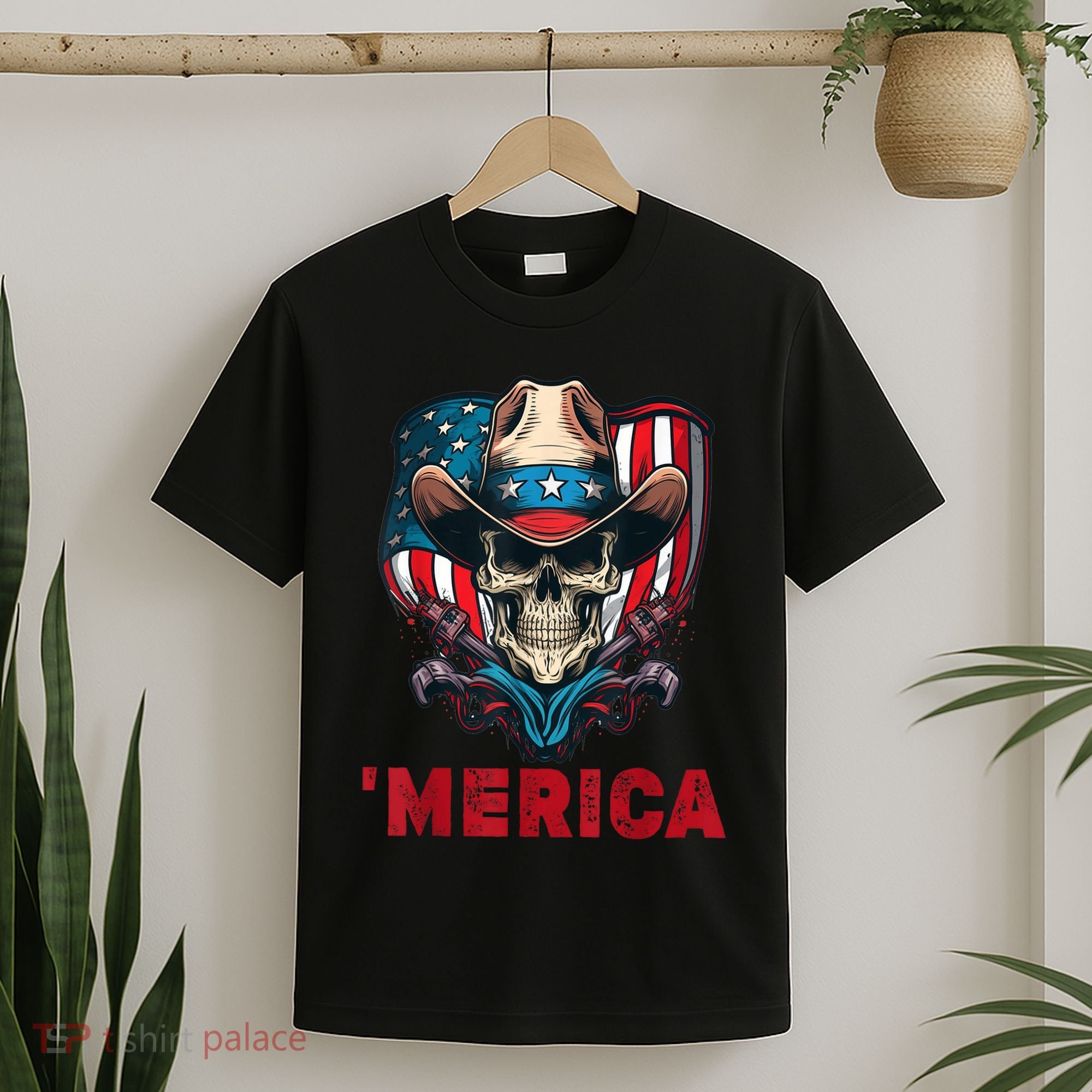 Retro Merica Cowboy Skull American Flag 4th Of July T-Shirt