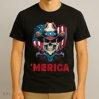 Retro Merica Cowboy Skull American Flag 4th Of July T-Shirt thumb 3