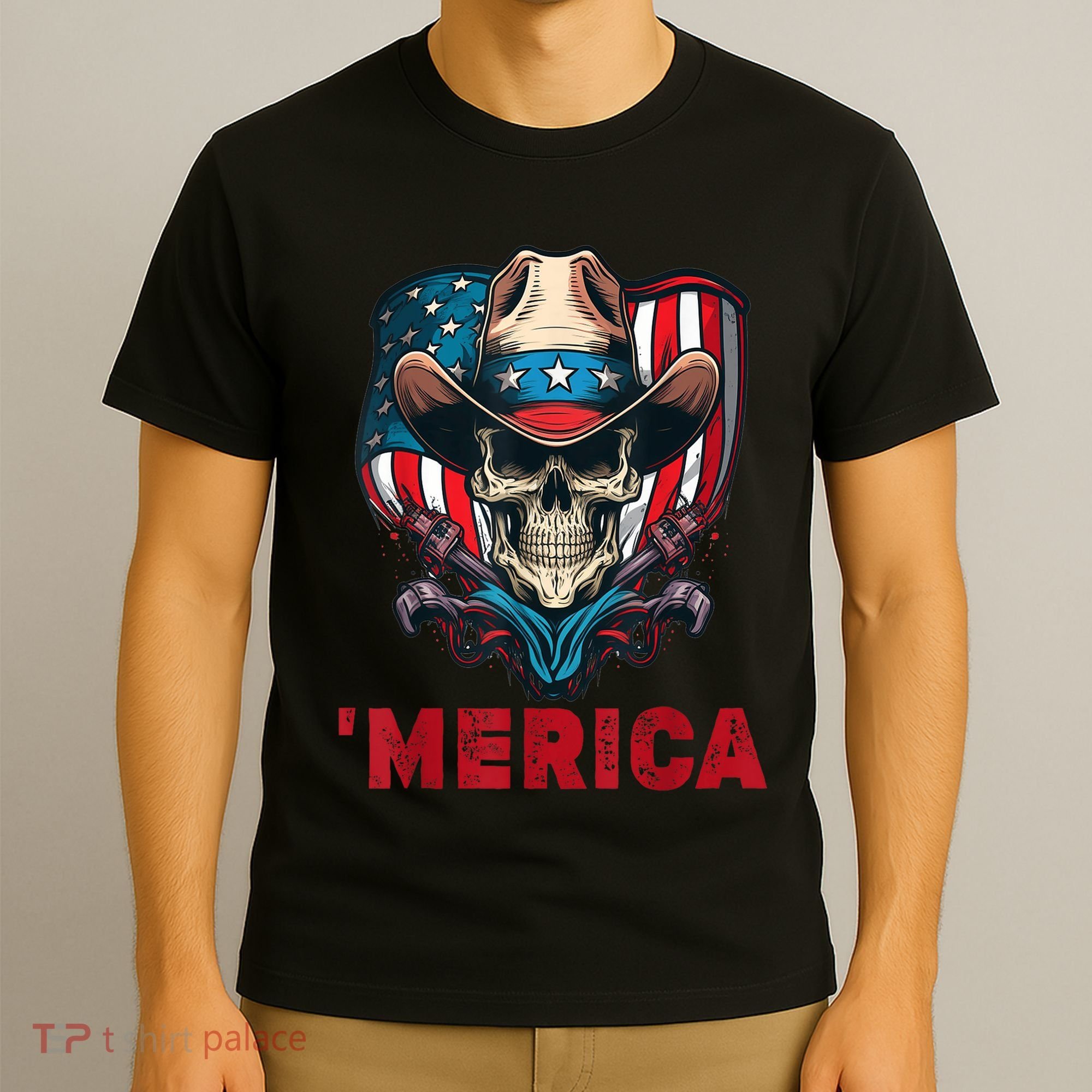 Retro Merica Cowboy Skull American Flag 4th Of July T-Shirt