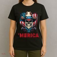 Retro Merica Cowboy Skull American Flag 4th Of July T-Shirt thumb 4