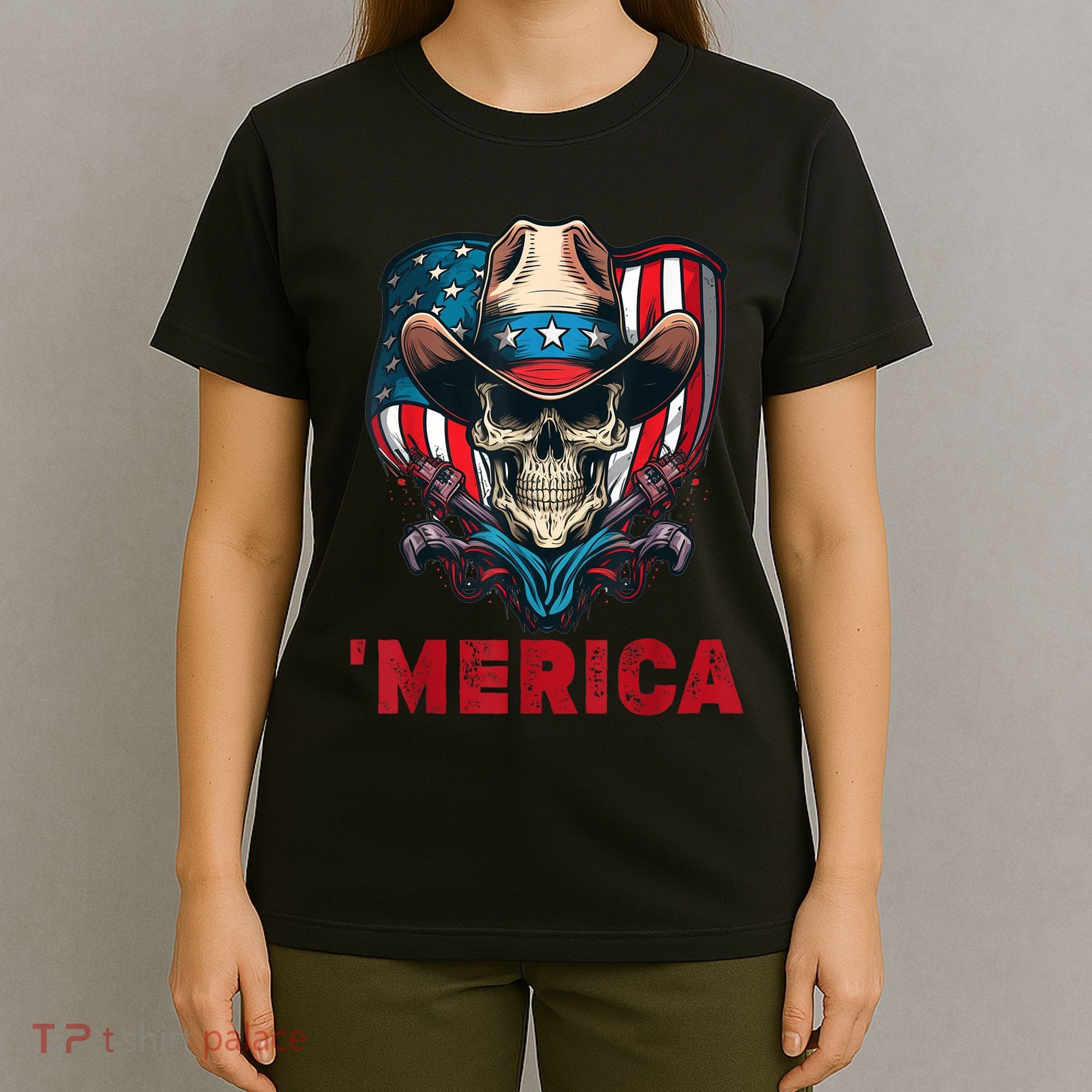 Retro Merica Cowboy Skull American Flag 4th Of July T-Shirt