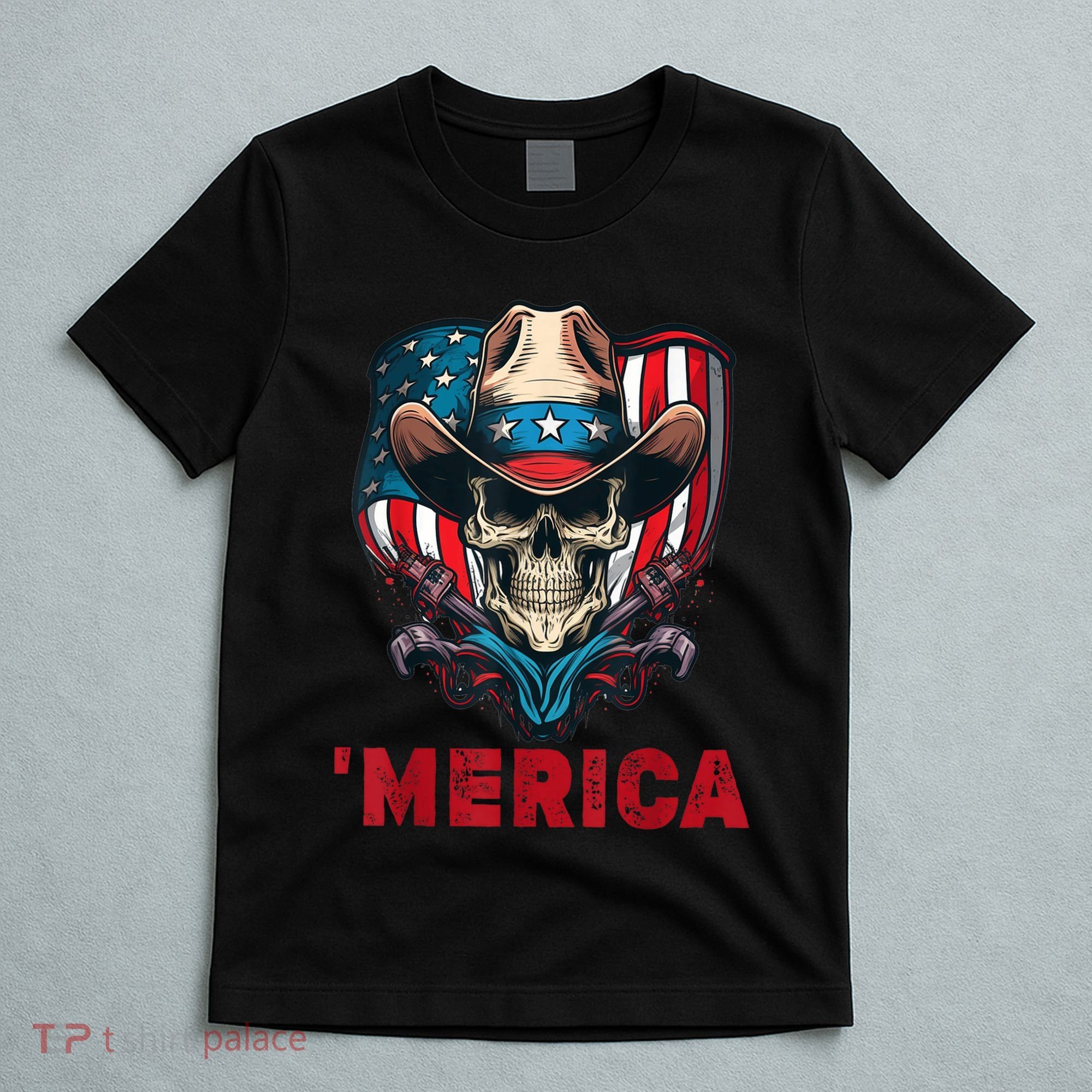 Retro Merica Cowboy Skull American Flag 4th Of July T-Shirt