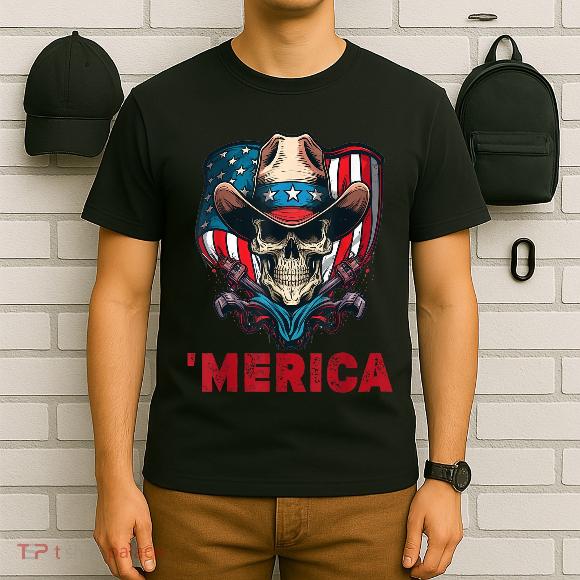 Retro Merica Cowboy Skull American Flag 4th Of July T-Shirt
