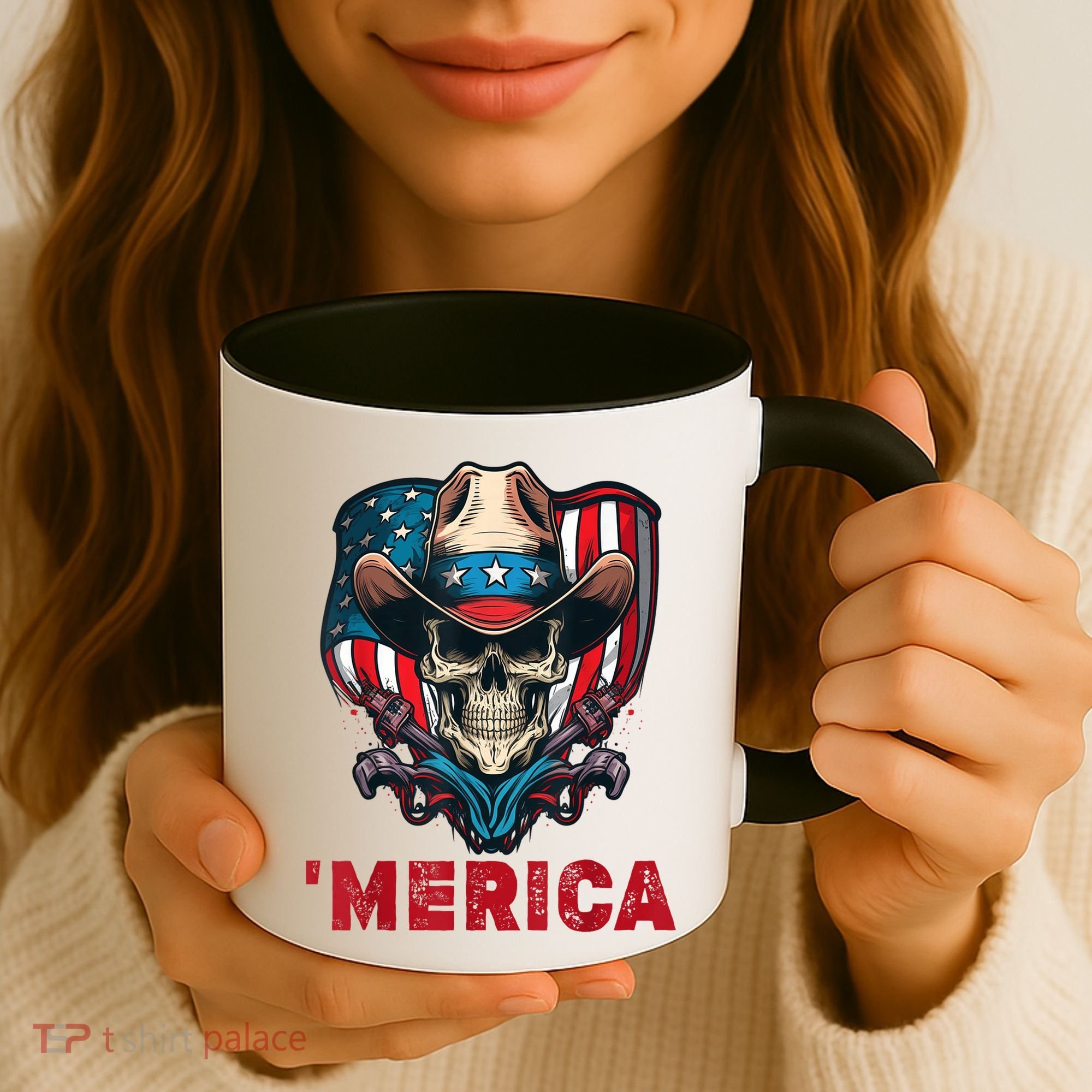 Retro Merica Cowboy Skull American Flag 4th Of July Coffee Mug