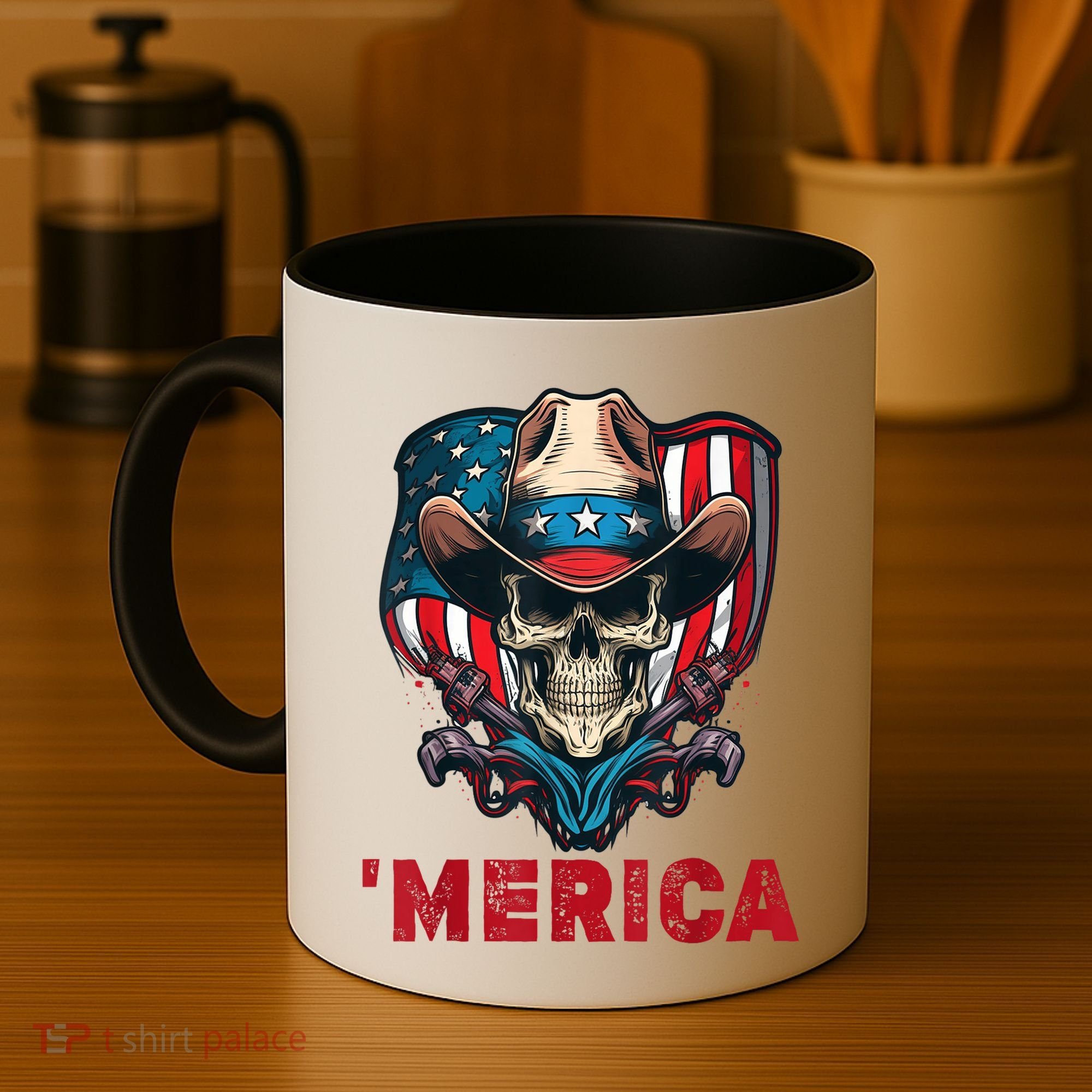 Retro Merica Cowboy Skull American Flag 4th Of July Coffee Mug