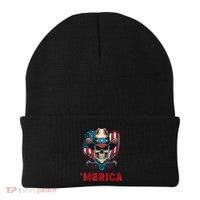Retro Merica Cowboy Skull American Flag 4th Of July Beanie thumb 0