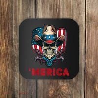 Retro Merica Cowboy Skull American Flag 4th Of July Coaster thumb 0