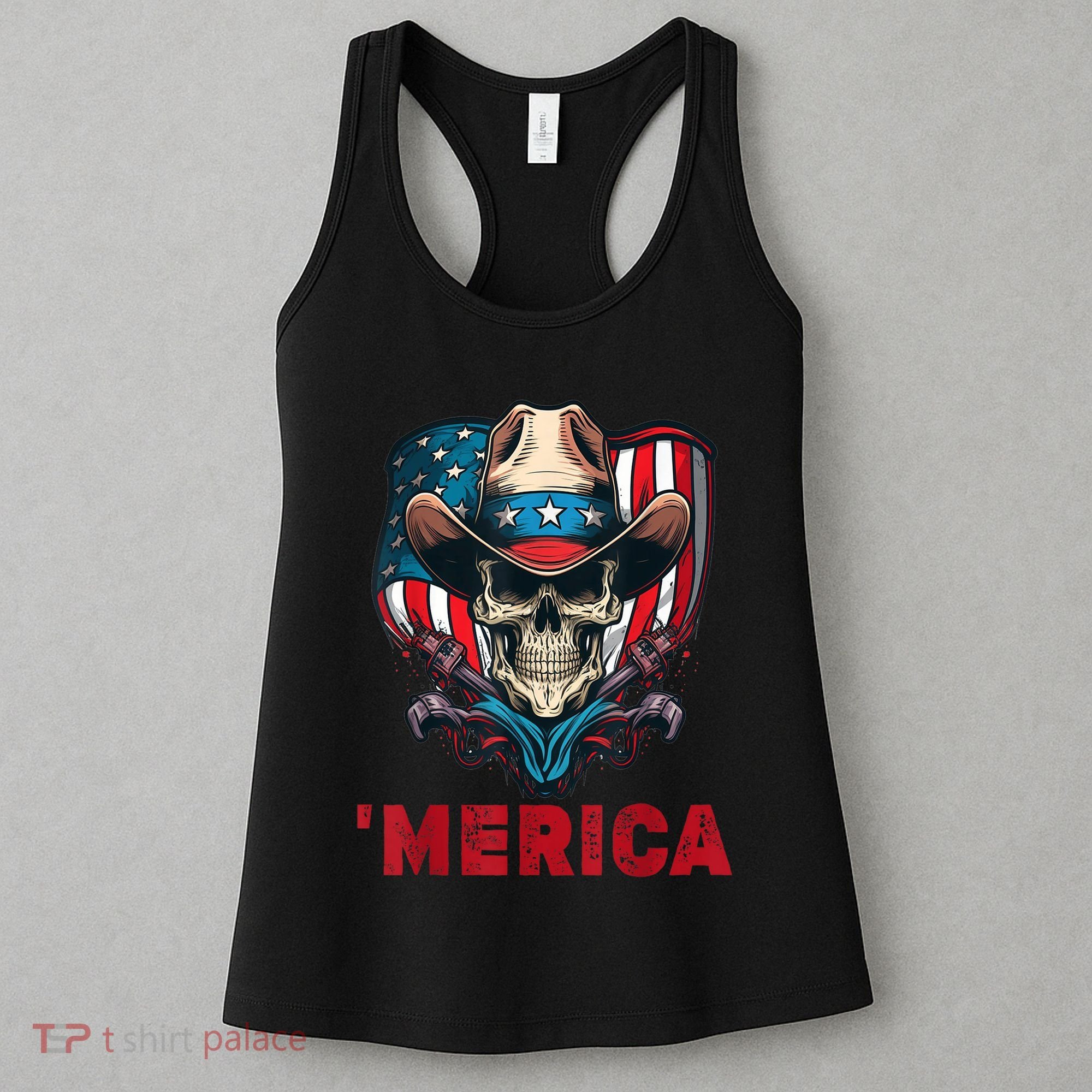 Retro Merica Cowboy Skull American Flag 4th Of July Women's Tank Top
