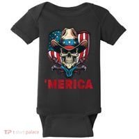 Retro Merica Cowboy Skull American Flag 4th Of July Baby Bodysuit thumb 0