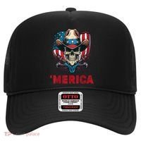 Retro Merica Cowboy Skull American Flag 4th Of July Hat thumb 0