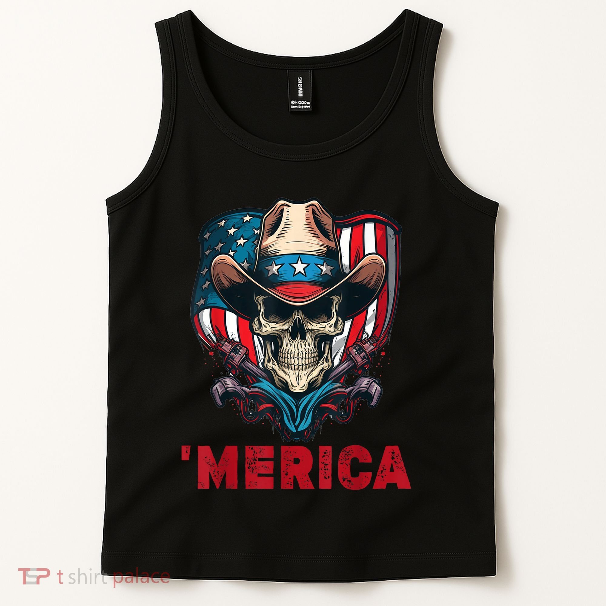 Retro Merica Cowboy Skull American Flag 4th Of July Tank Top