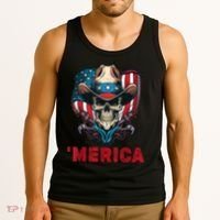 Retro Merica Cowboy Skull American Flag 4th Of July Tank Top thumb 3