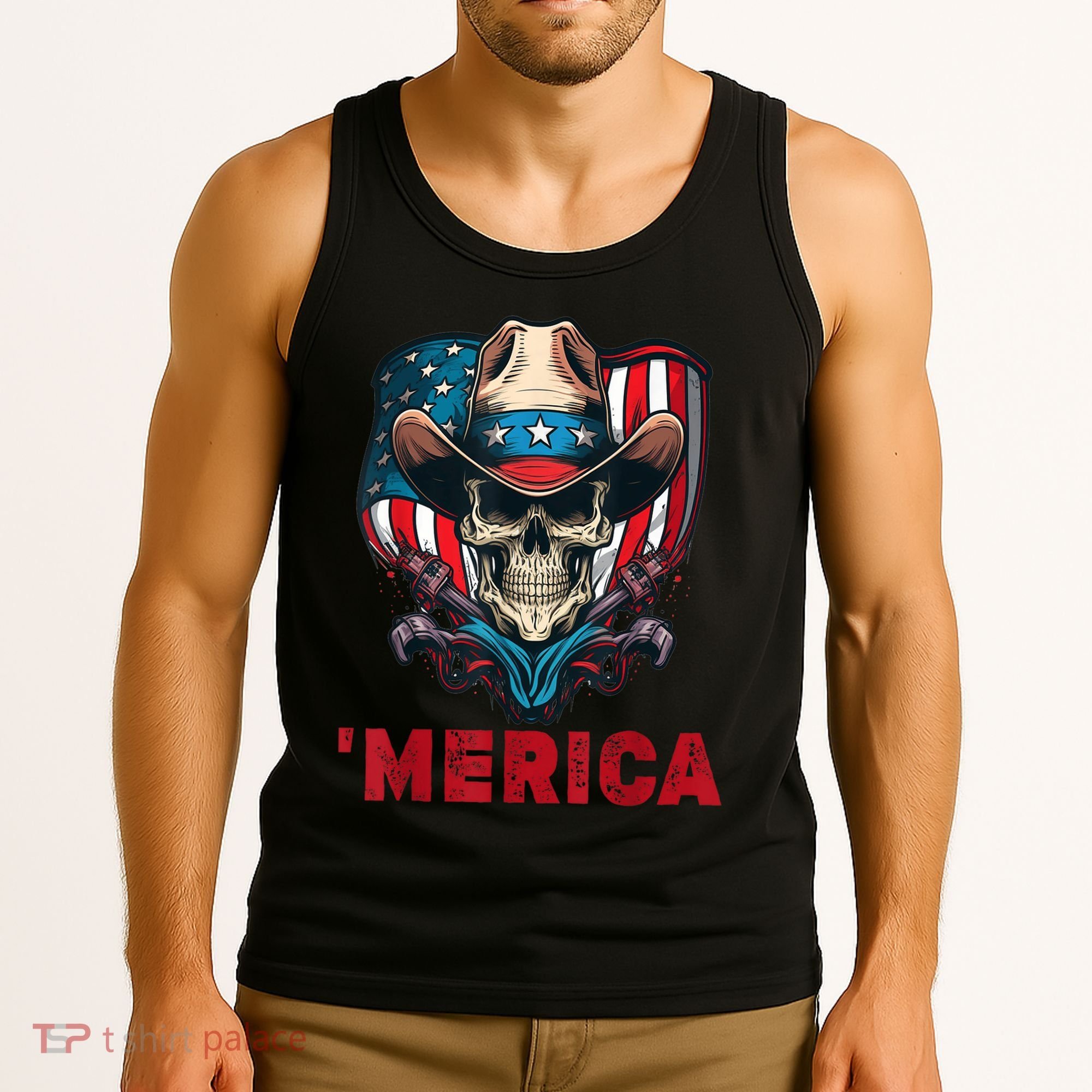Retro Merica Cowboy Skull American Flag 4th Of July Tank Top