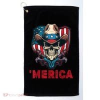 Retro Merica Cowboy Skull American Flag 4th Of July Golf Towel thumb 0