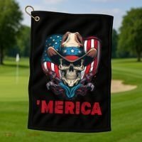 Retro Merica Cowboy Skull American Flag 4th Of July Golf Towel thumb 1