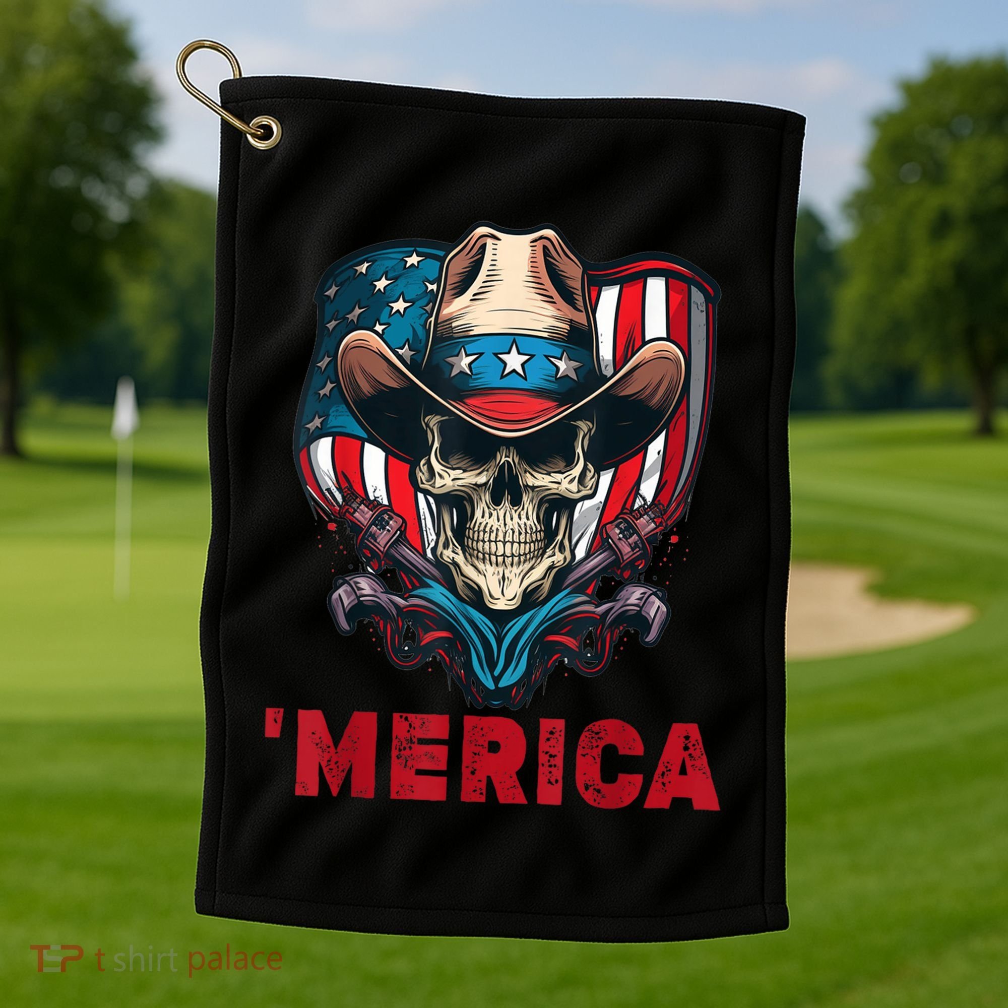Retro Merica Cowboy Skull American Flag 4th Of July Golf Towel
